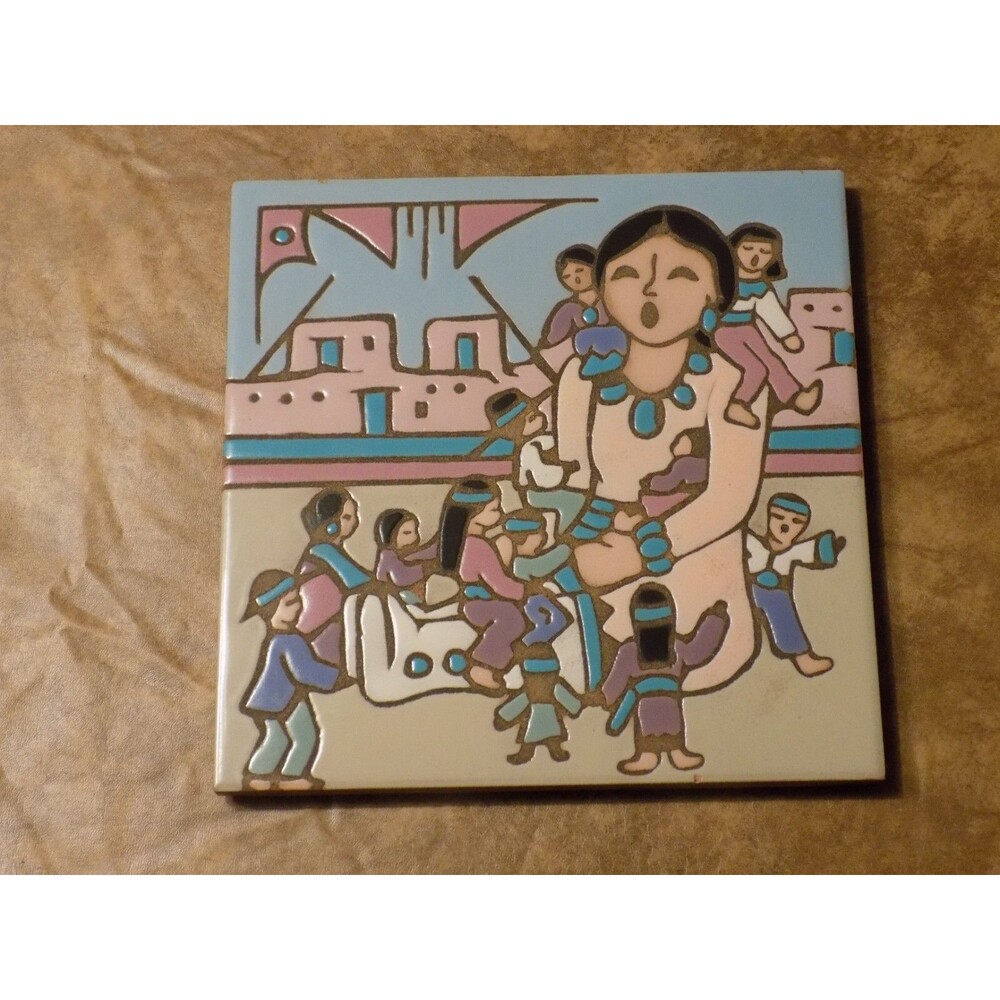 Indian Tribal Storytelling Women W/ Children Painted Ceramic Porcelain Art Tile